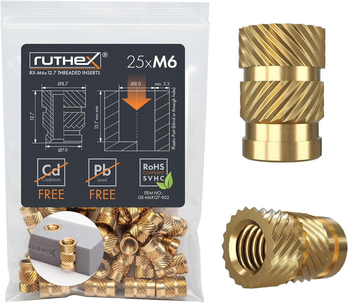 ruthex M3 Threaded Inserts - 100 Pieces RX-M3x5.7 Brass Heat Set Insert for Plastic Parts - Metric knurled Nuts - Insert by Heat into 3D Printing Components