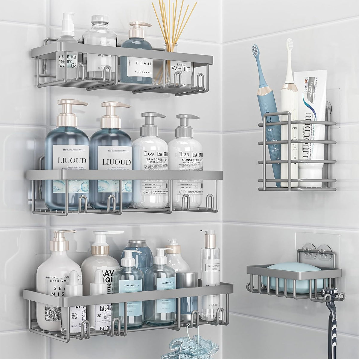 Liuoud 5 Pack Shower Caddy for Inside Shower, Pink Bathroom Decor Set