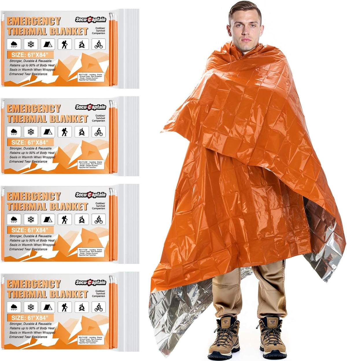 SecuCaptain Survival Emergency Thermal Blankets: Extra Large 84” x63” 4/10/25/30/50/75/100 PCS Space Mylar Blanket Kit for Outdoor Cold Winter Camping Hiking Car Bug Out Bag or First Aid