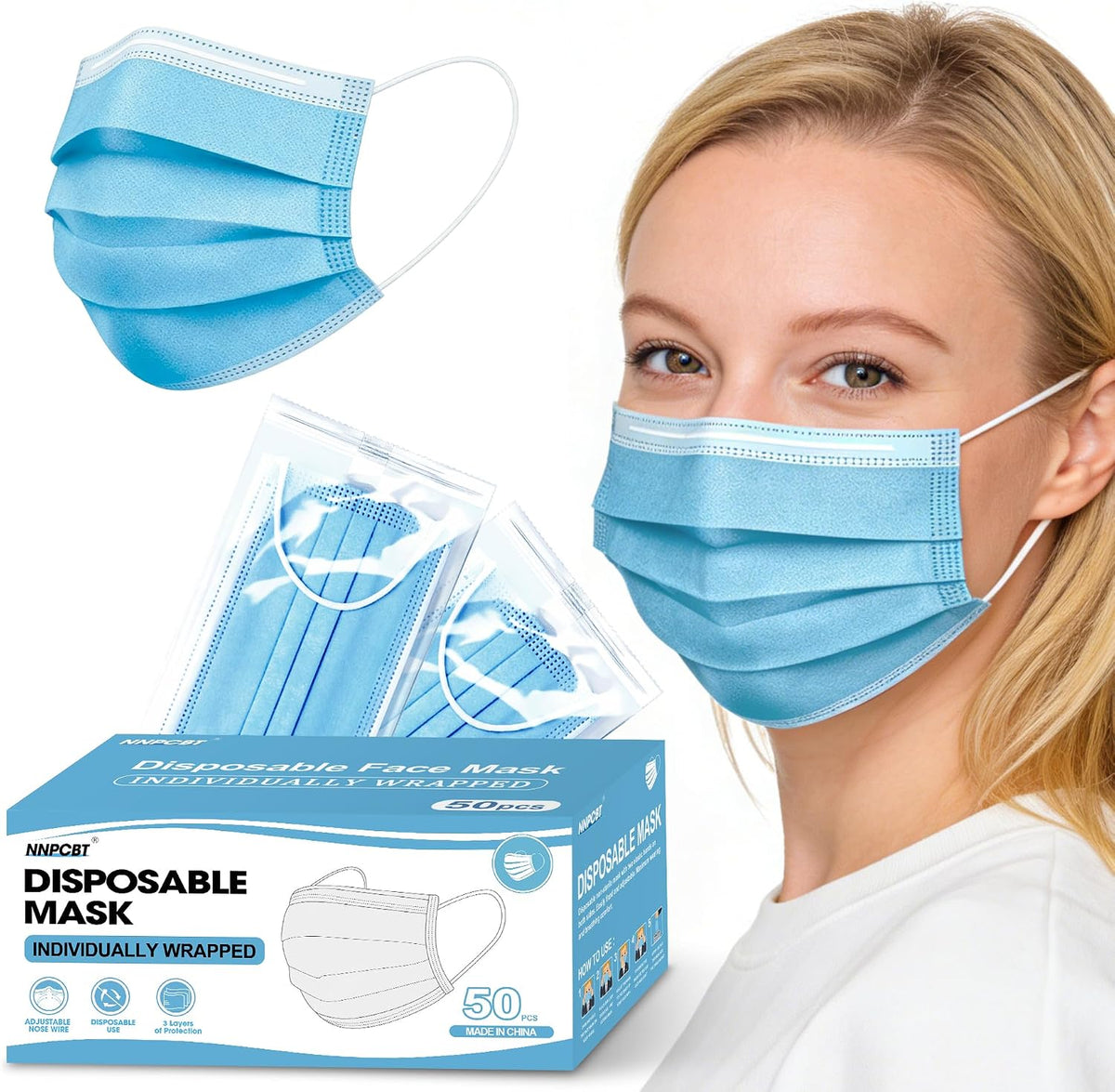 NNPCBT Blue Disposable Face Masks 100 Pack,Mask for Adults Outdoor Indoor