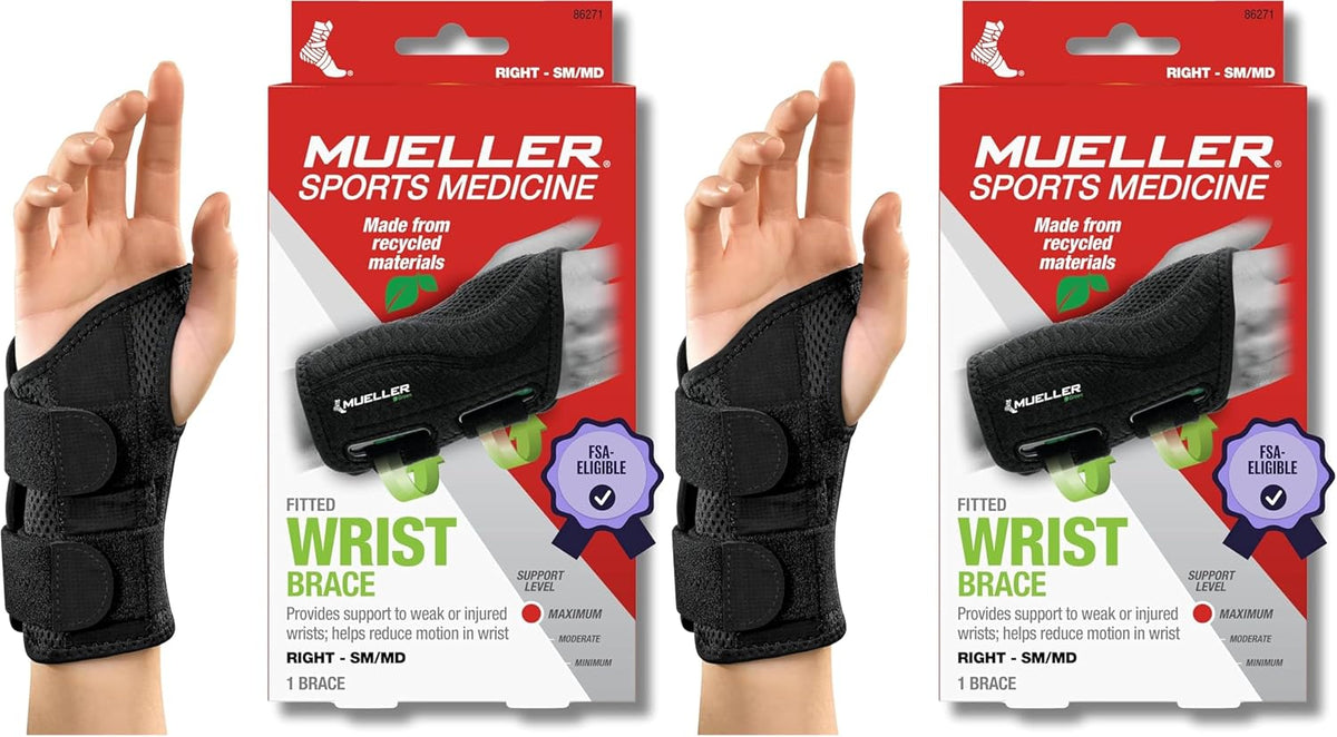 MUELLER Sports Medicine Green Fitted Wrist Brace for Men and Women, Wrist Pain Relief Support, Ideal for Carpal Tunnel, Tendonitis, Arthritis, Right Hand, Black, Small/Medium