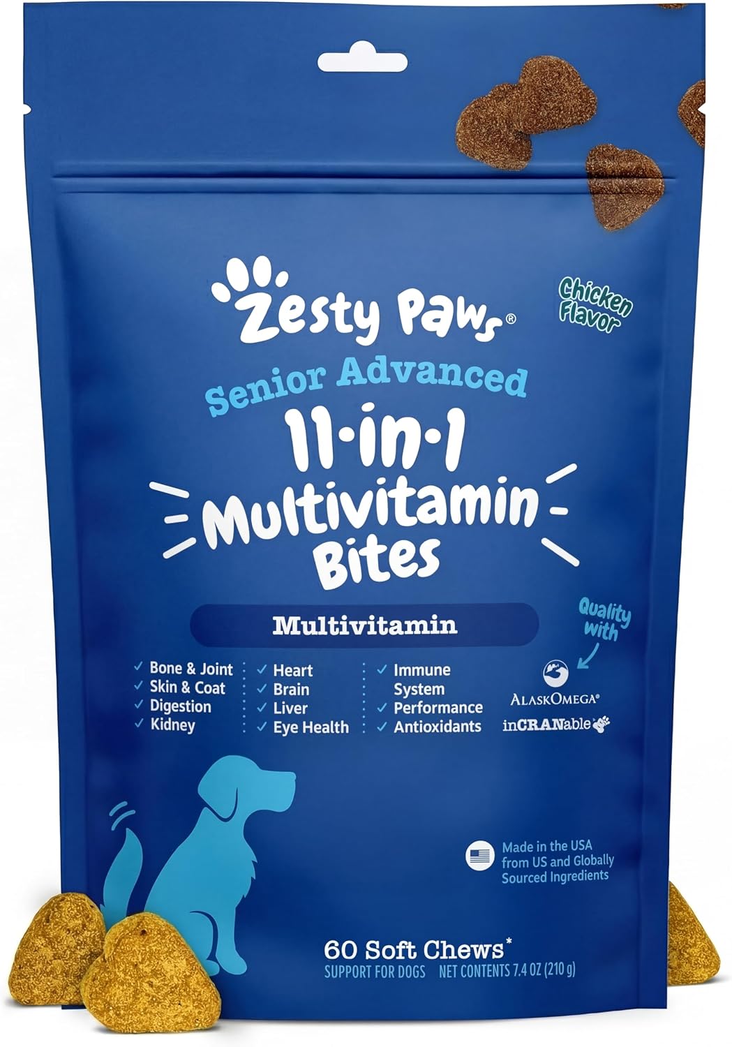 Zesty Paws Dog Multivitamin, Chewable Dog Vitamins and Supplements for Hip & Joints, Skin & Coat, Omega 3 Fish Oil for Dogs- Senior & Puppy Multivitamin- Chicken- 90ct
