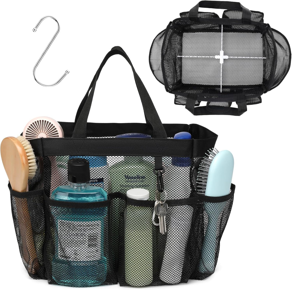 Mesh Shower Caddy Portable - 8 Pockets, S-Hook, Shower Bag for Dorm Camping