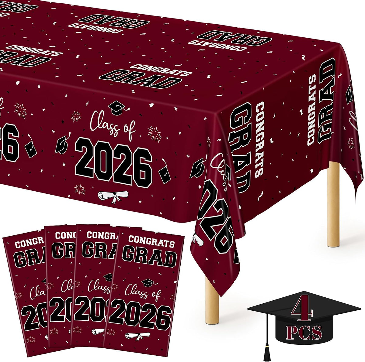 4Pack Black and Gold Tablecloths for Events, 54" x 108" Plastic Table Cloth Disposable for Rectangle Tables, Waterproof Table Cloth Cover for New Years Eve Decorations Holiday Birthday Wedding Dining