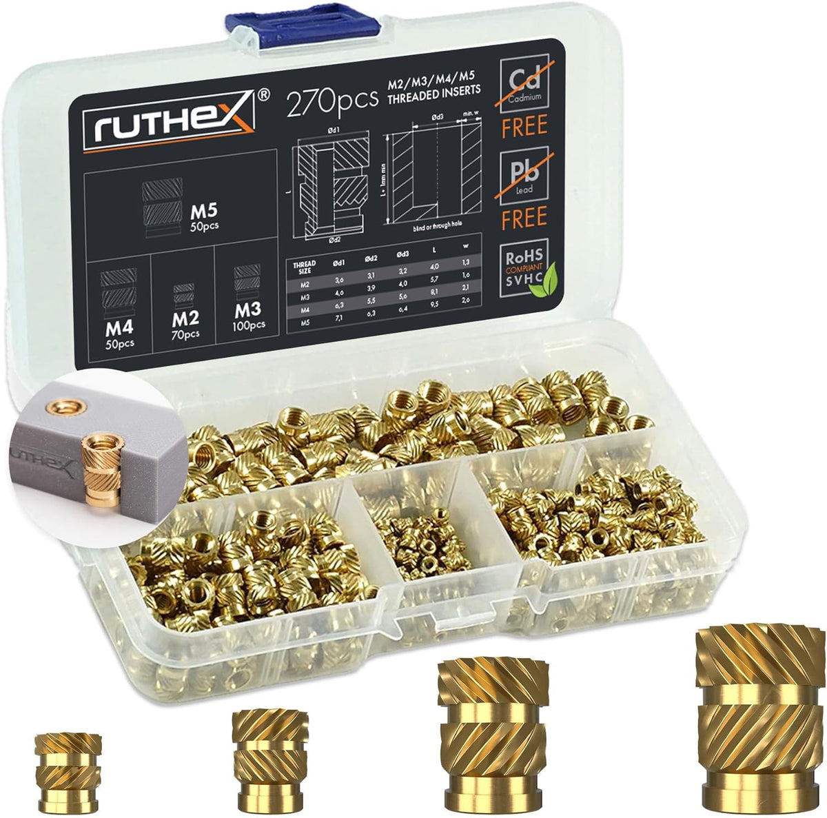 ruthex M3 Threaded Inserts - 100 Pieces RX-M3x5.7 Brass Heat Set Insert for Plastic Parts - Metric knurled Nuts - Insert by Heat into 3D Printing Components