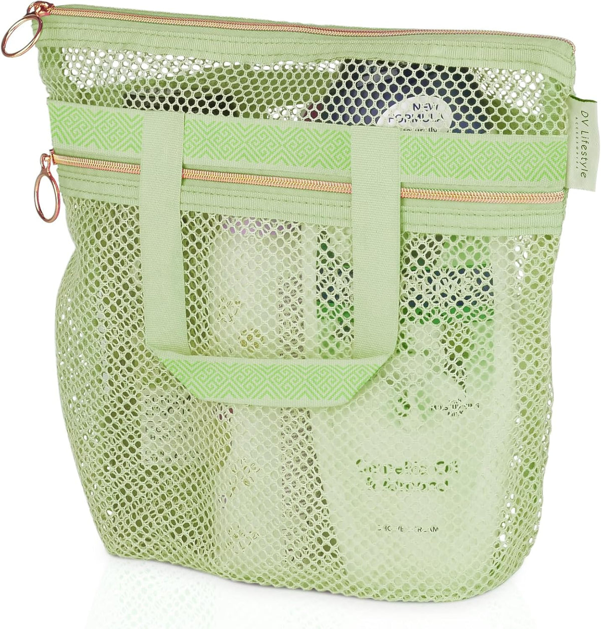 DV Lifestyle Mesh Shower Bag 10.2x9.9'' Quick-Dry Caddy with Zipper & 2 Pockets. Portable Toiletry Tote for Bathroom, Gym, Travel, Camp, Beach, for Sunscreen, Dorm & College Essentials (Black)