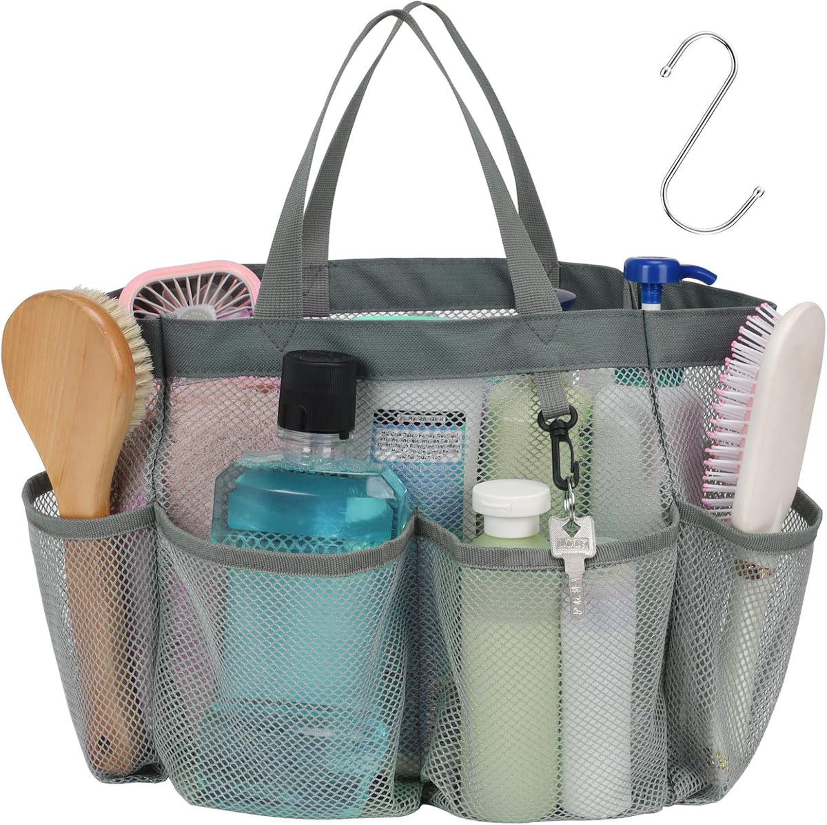 Mesh Shower Caddy Portable - 8 Pockets, S-Hook, Shower Bag for Dorm Camping