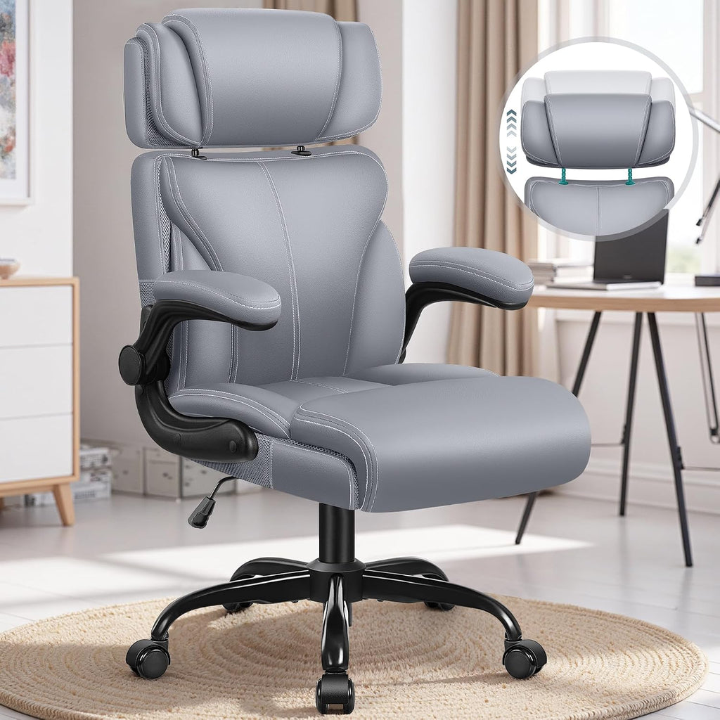 HeroSet Office Chair, Ergonomic Big and Tall Computer Desk Chairs, Executive Breathable Leather Chair with Adjustable Flip-up Armrests, Lumbar Support Swivel PC Chair with Rocking Function,Matte Black