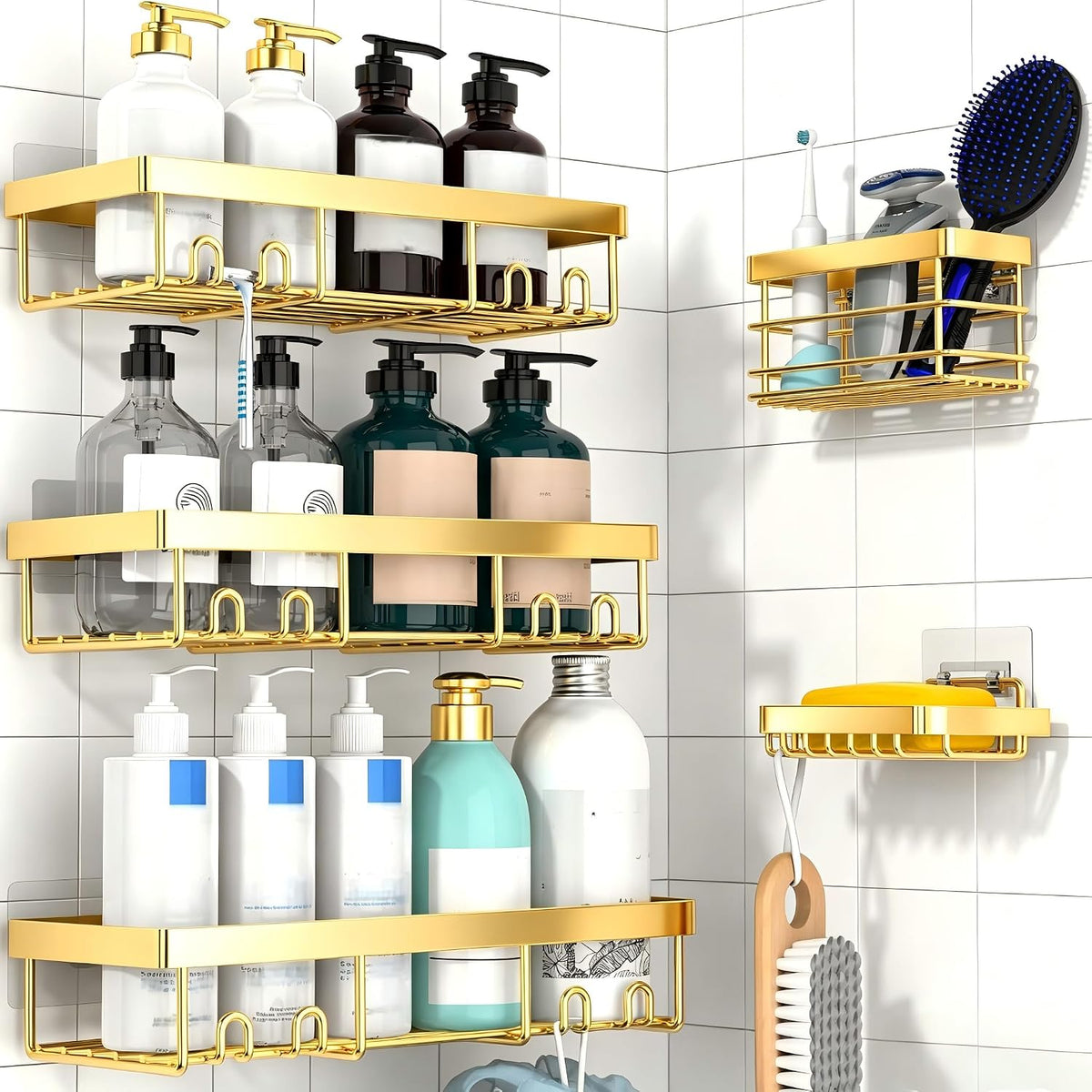 Moforoco 3-Pack Shower Caddy Basket Shelf with Soap Holder, No Drilling Traceless Adhesive Shower Wall Shelves, Rustproof Black Bathroom Shower Storage Organizer