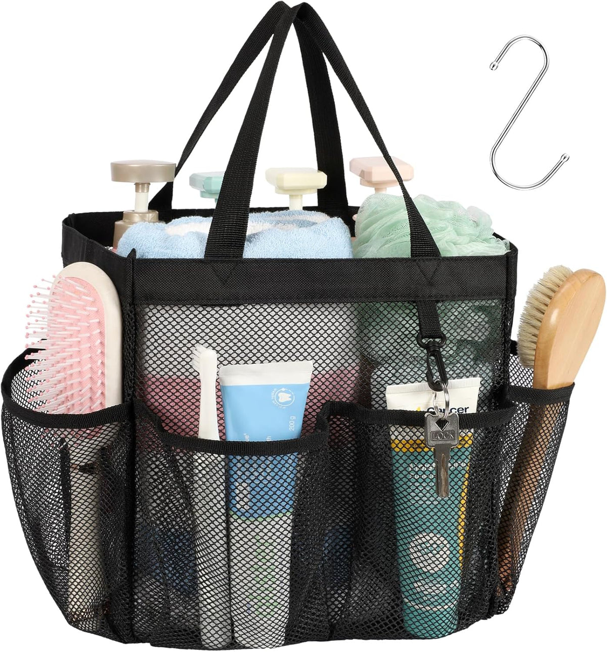Mesh Shower Caddy Portable - 8 Pockets, S-Hook, Shower Bag for Dorm Camping