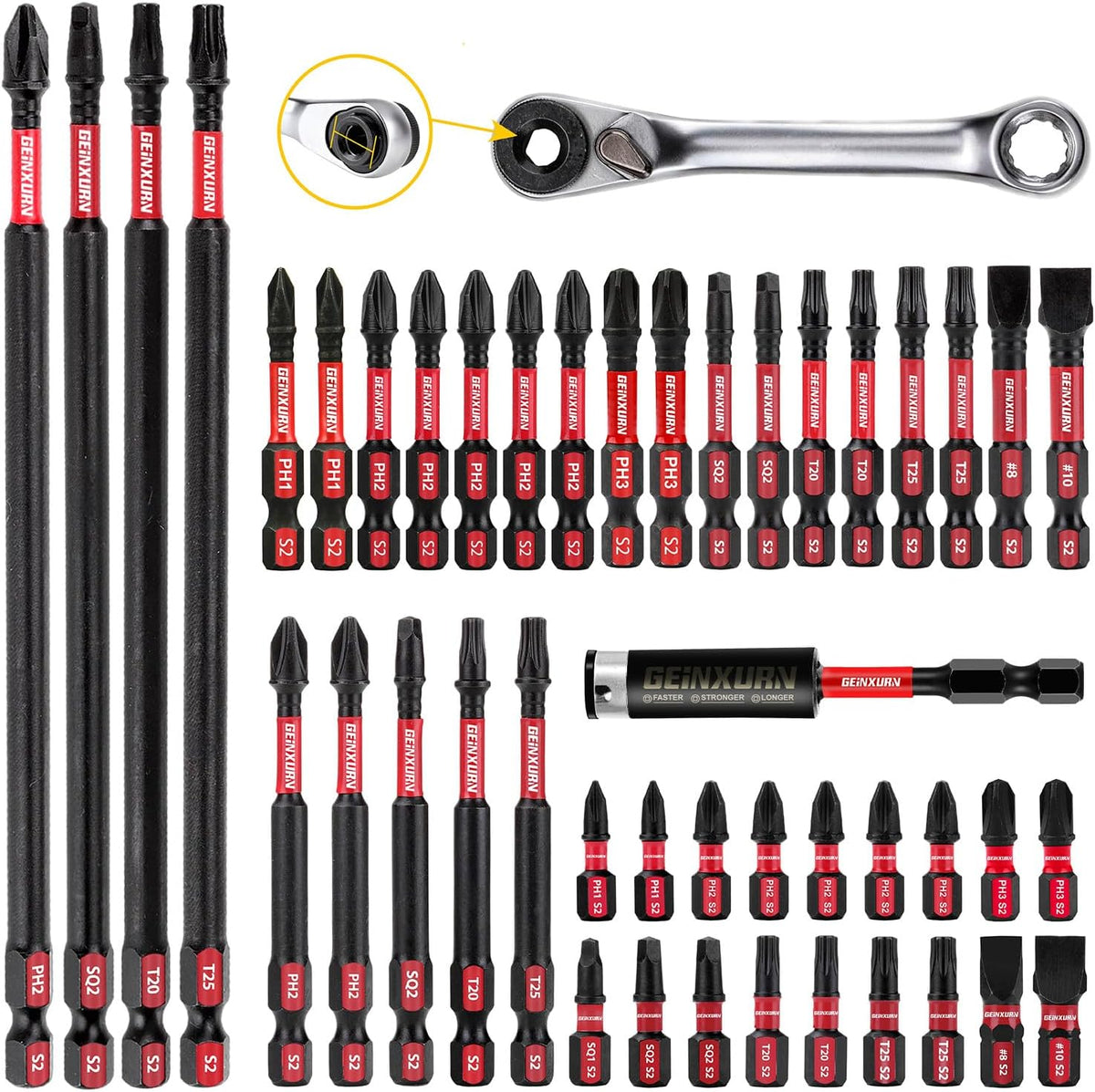 Geinxurn 82Pieces Impact Screwdriver Bits Set, Magnetic S2 Steel Phillips/Square/Torx/Hex Insert Power Bits Tips with Impact Bit Holder and Impact Nut Driver and Mini Wrench