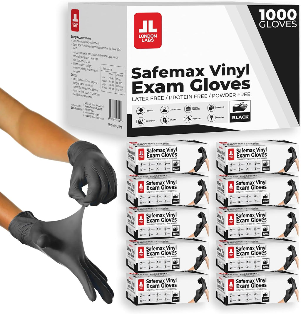 London Labs Black Synthetic Vinyl Exam Gloves Powder Free and Latex Free