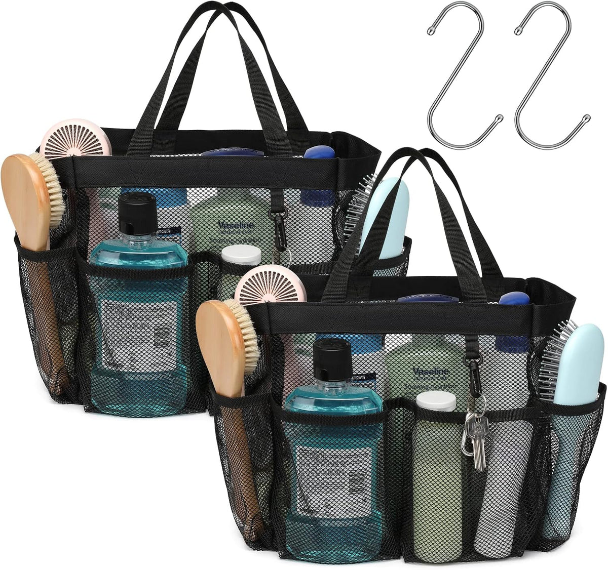 Mesh Shower Caddy Portable - 8 Pockets, S-Hook, Shower Bag for Dorm Camping