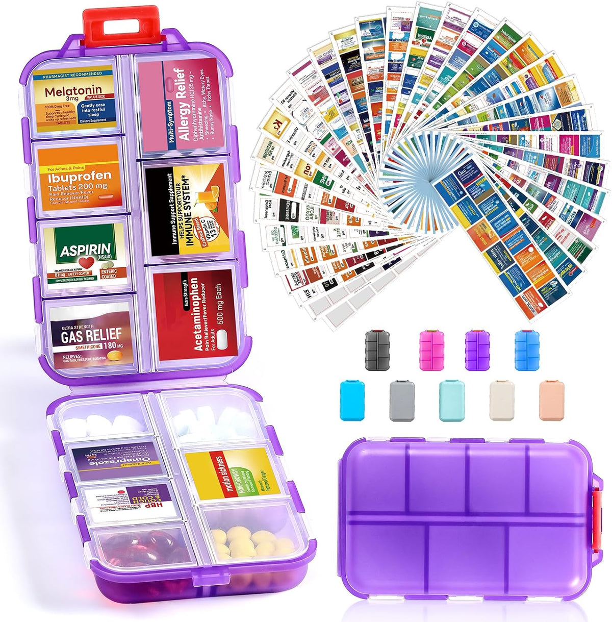 LANDNEOO 14 Grids Pill Organizer Box with Labels, Travel Medication Holder Dispenser Case Kit, Pocket Daily Pharmacy Container for Fish Oil Vitamin Supplement Storage, Khaki Pink Grey, 3 Pack