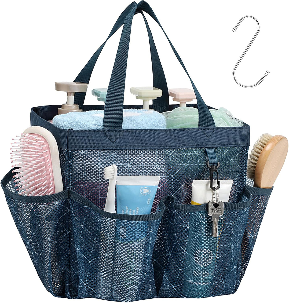 Mesh Shower Caddy Portable - 8 Pockets, S-Hook, Shower Bag for Dorm Camping