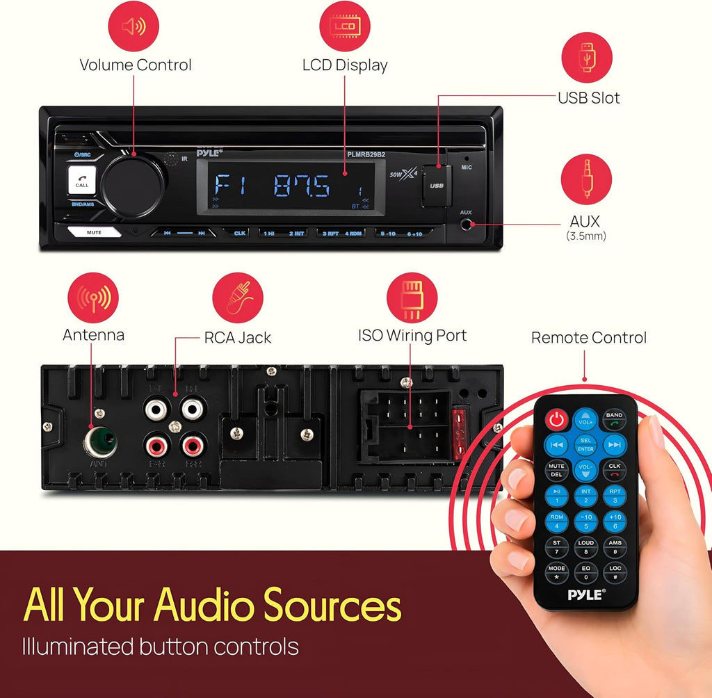 Pyle Marine Bluetooth Stereo Radio - 12v Single DIN Style Boat In dash Radio Receiver System with Built-in Mic, Digital LCD, RCA, MP3, USB, AM FM Radio - Remote Control - PLMRB29B (Black)