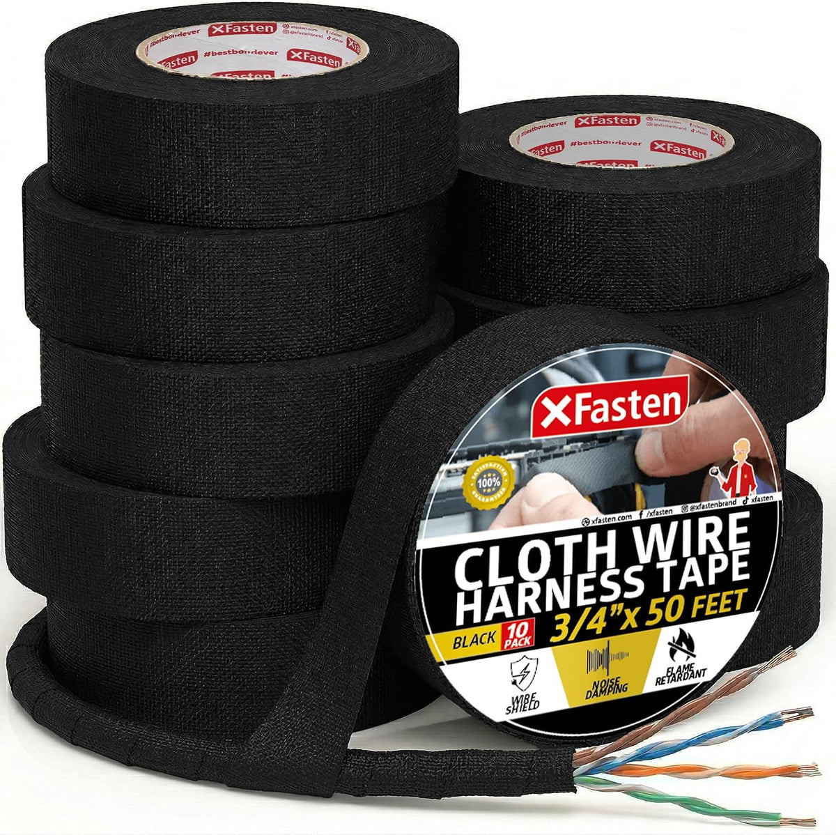 XFasten Wire Harness Tape, 3/4-Inch x 50-Foot (5-Pack), High Temp Wiring Loom Harness, Self-Adhesive Felt Cloth Electrical Tape for Automotive Engines, Noise Dampening, and Cable Protection