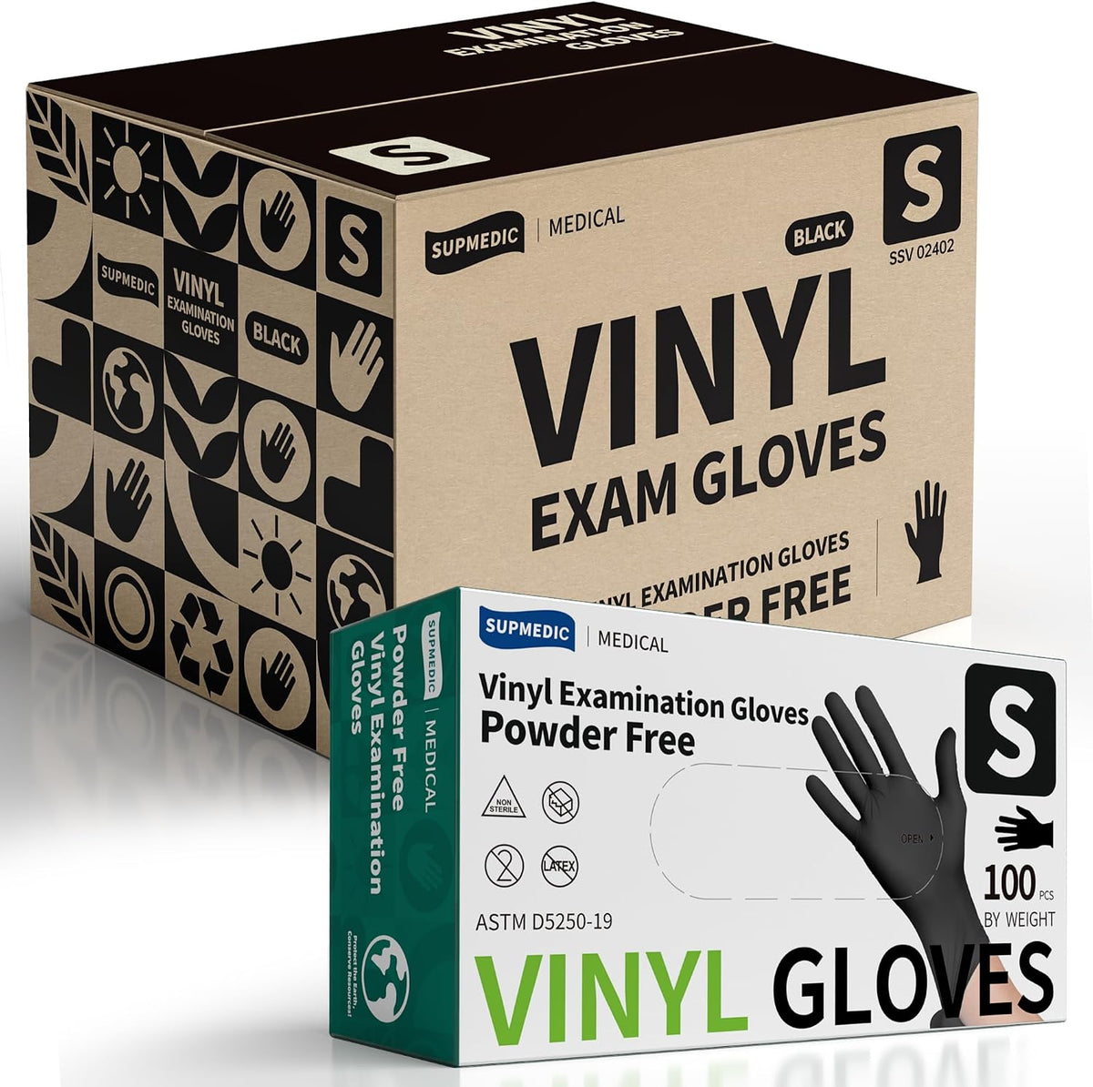 Supmedic Vinyl Disposable Exam Gloves, Black 4Mil Powder-Free Latex-Free Medical Food Safe Cooking Cleaning Glove 100 &1000Ct