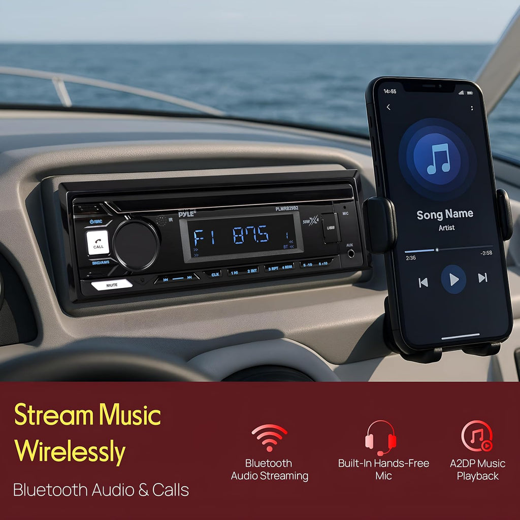Pyle Marine Bluetooth Stereo Radio - 12v Single DIN Style Boat In dash Radio Receiver System with Built-in Mic, Digital LCD, RCA, MP3, USB, AM FM Radio - Remote Control - PLMRB29B (Black)
