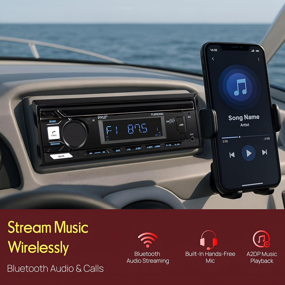 Pyle Marine Bluetooth Stereo Radio - 12v Single DIN Style Boat In dash Radio Receiver System with Built-in Mic, Digital LCD, RCA, MP3, USB, AM FM Radio - Remote Control - PLMRB29B (Black)