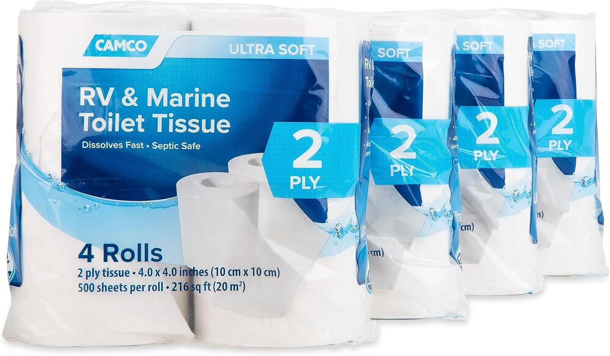 Camco Marine & RV Toilet Paper — 2-Ply — Septic Safe — Dissolves Fast — Dye & Fragrance Free — 4-Rolls (500 Sheets Per Roll) (40274)