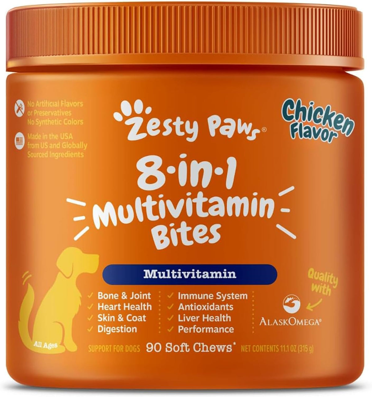 Zesty Paws Dog Multivitamin, Chewable Dog Vitamins and Supplements for Hip & Joints, Skin & Coat, Omega 3 Fish Oil for Dogs- Senior & Puppy Multivitamin- Chicken- 90ct