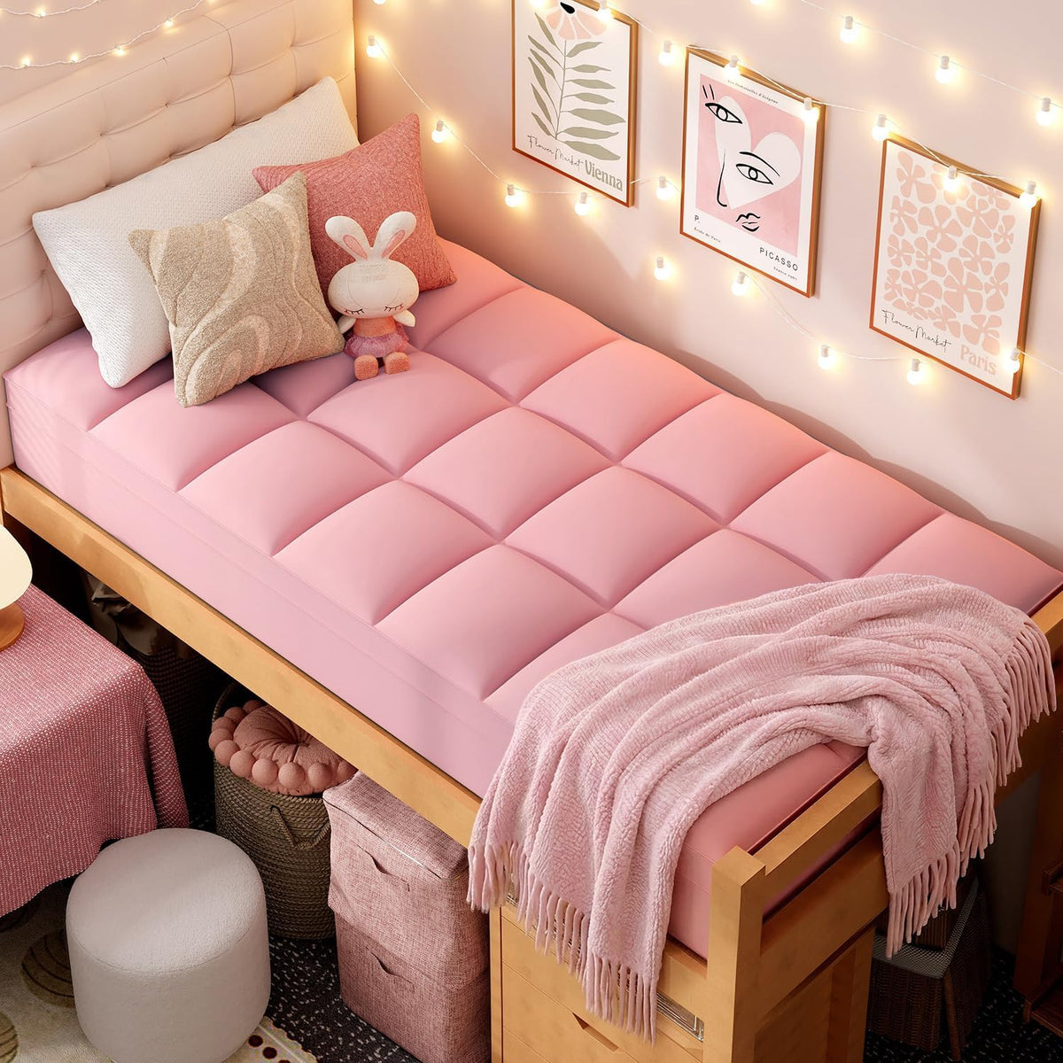 ELEMUSE Pink Twin XL Mattress Topper for College Dorm, Plush Pillow top