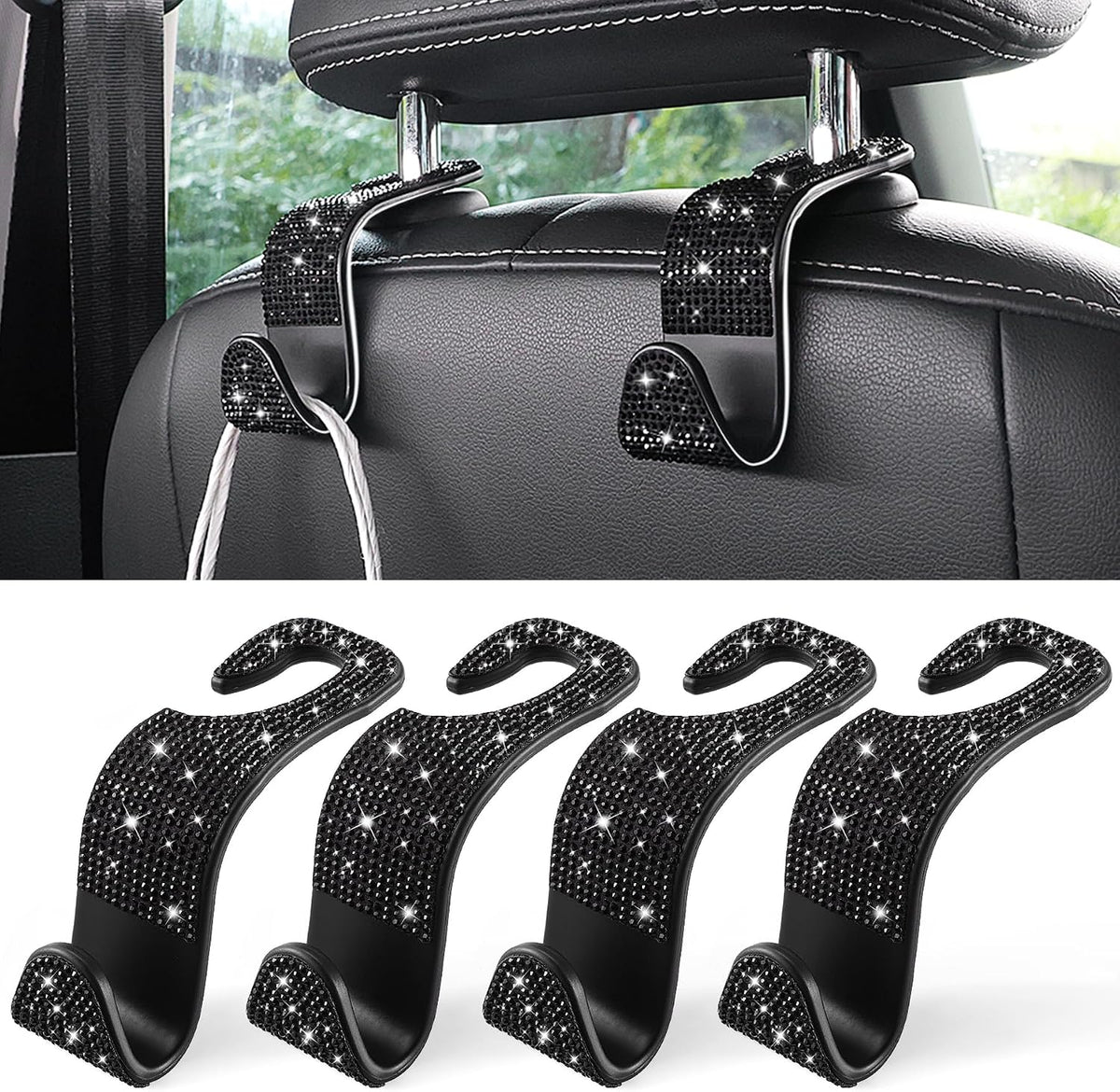 LivTee Car Seat Headrest Hook, Auto Seat Hook Hangers Storage Organizer Interior Accessories for Purse Coats Umbrellas Grocery Bags Handbag, 4-Pack