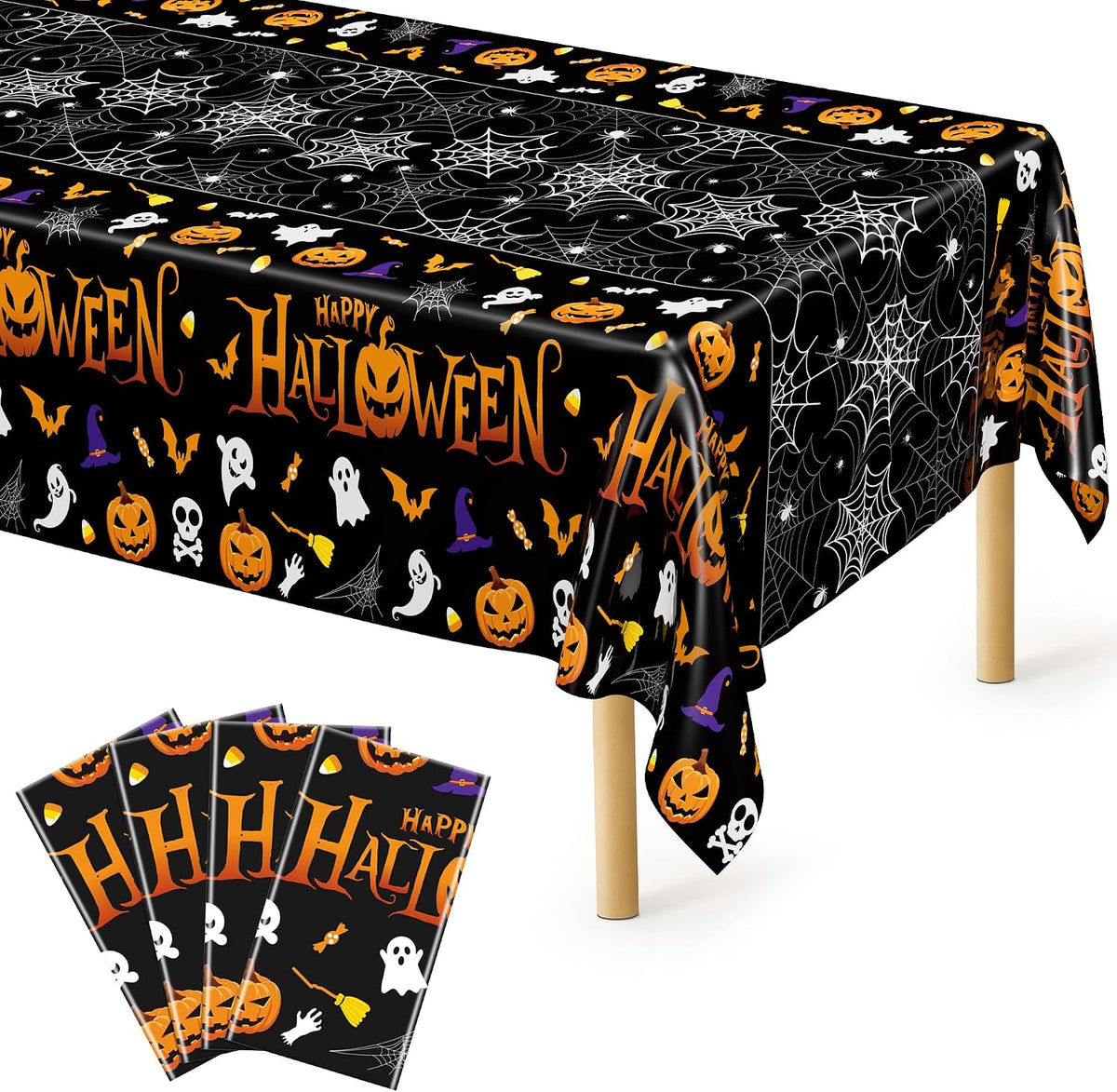 4Pack Black and Gold Tablecloths for Events, 54" x 108" Plastic Table Cloth Disposable for Rectangle Tables, Waterproof Table Cloth Cover for New Years Eve Decorations Holiday Birthday Wedding Dining