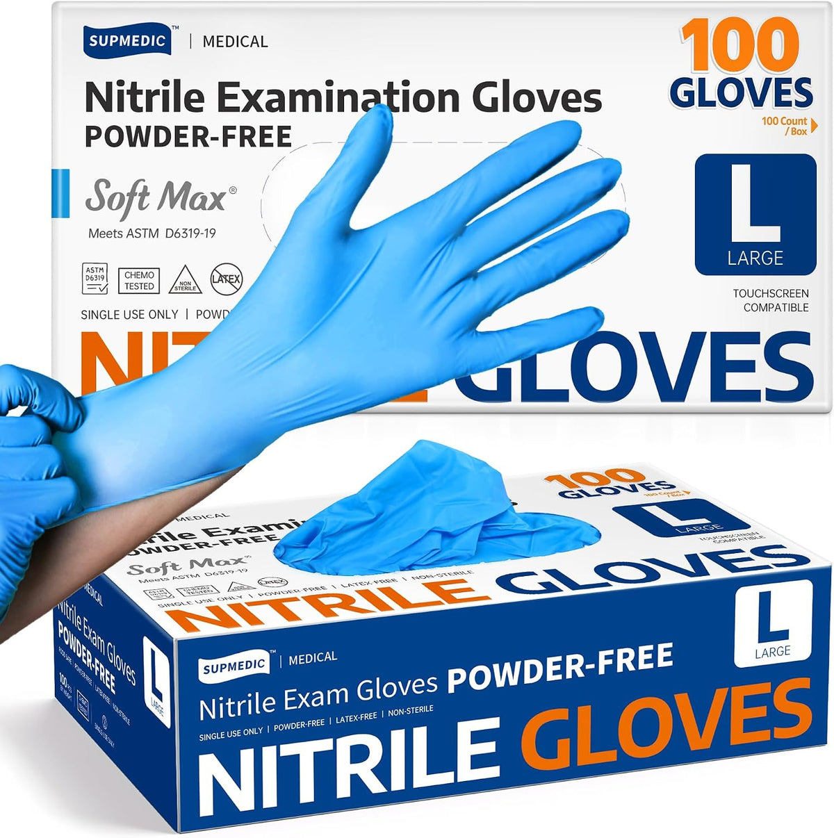 Supmedic Medical Soft Max Nitrile Exam Gloves Powder-Free Disposable 100 Ct