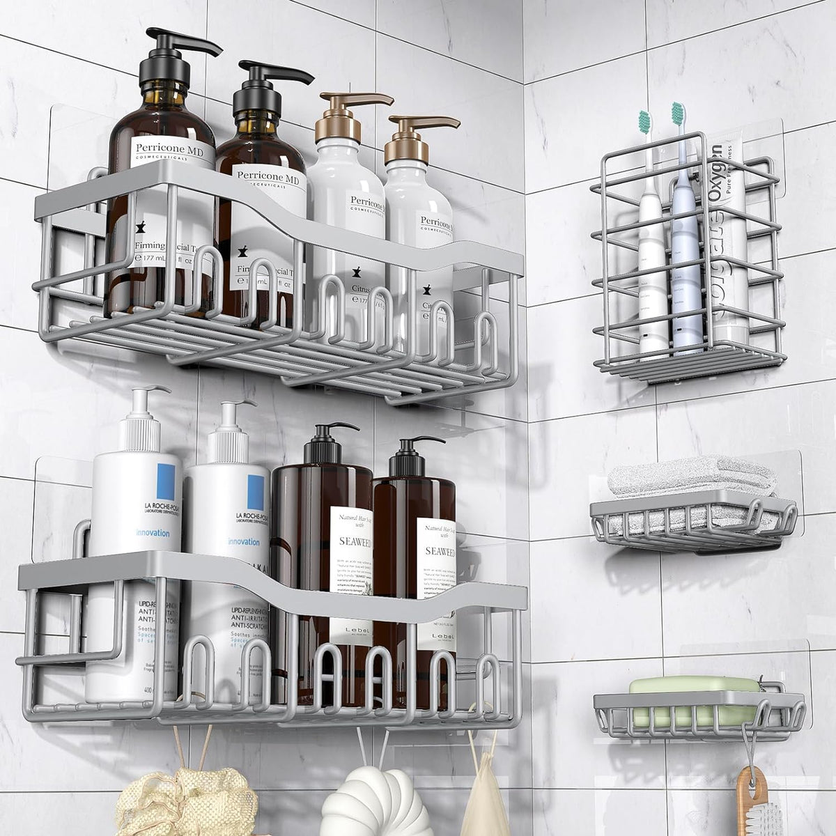 EUDELE Adhesive Shower Caddy, 5 Pack Rustproof Stainless Steel Bath Organizers With Large Capacity, No Drilling Shelves for Bathroom Storage & Home Decor