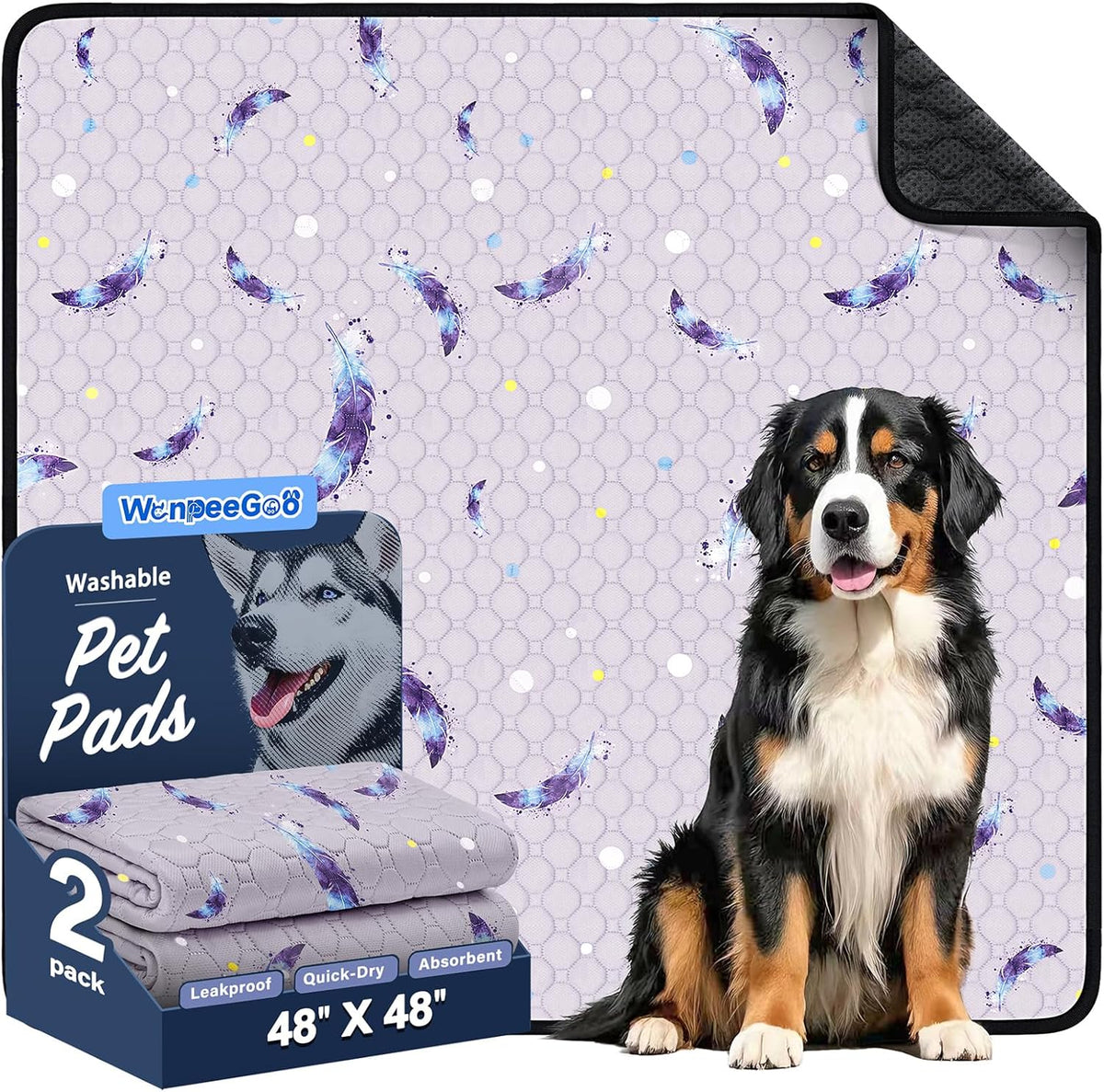 Washable Dog Pee Pads, Non-Slip Waterproof, 36 x 41 in, 2 Pack, Feather | Super absorbent, waterproof and non-slip; washable, reusable dog pads for crates, playpens, floors, furniture and travel