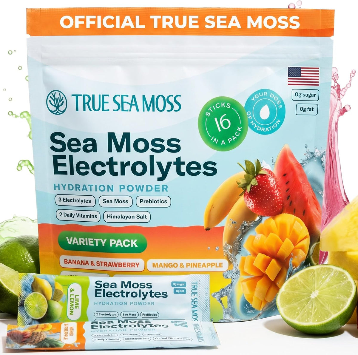 TrueSeaMoss Electrolytes Powder Concentrate Packets – 16 Stickpacks – Hydration Powder with Sea Moss and Potassium – No Sugar Drinks – Variety Pack
