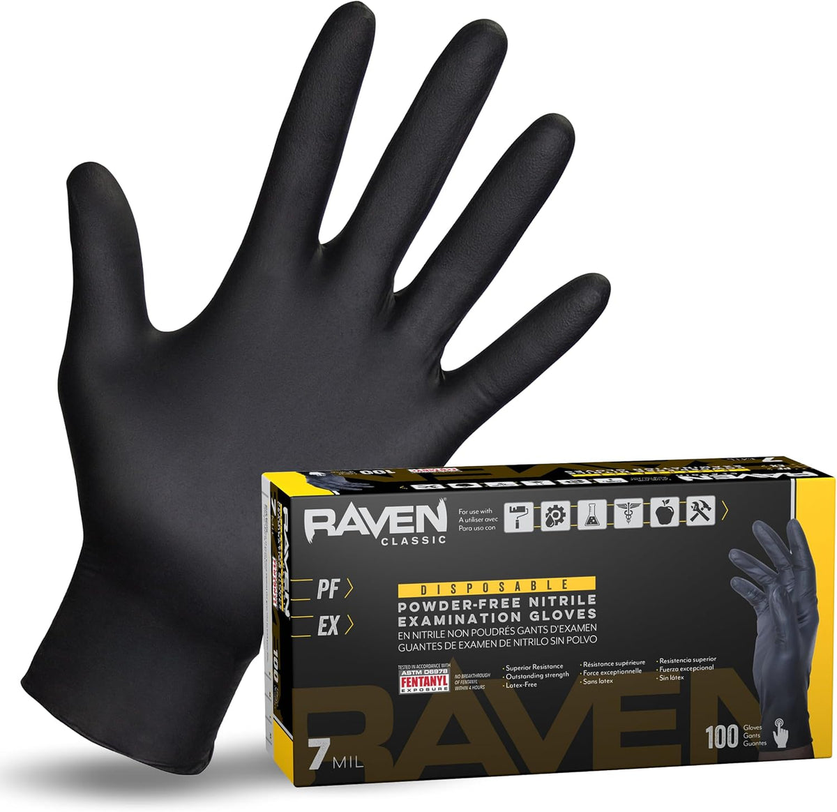 Raven Powder Free Nitrile Disposable Gloves | 7 Mil | Latex Free, Chemical + Puncture Resistant, Single Use |