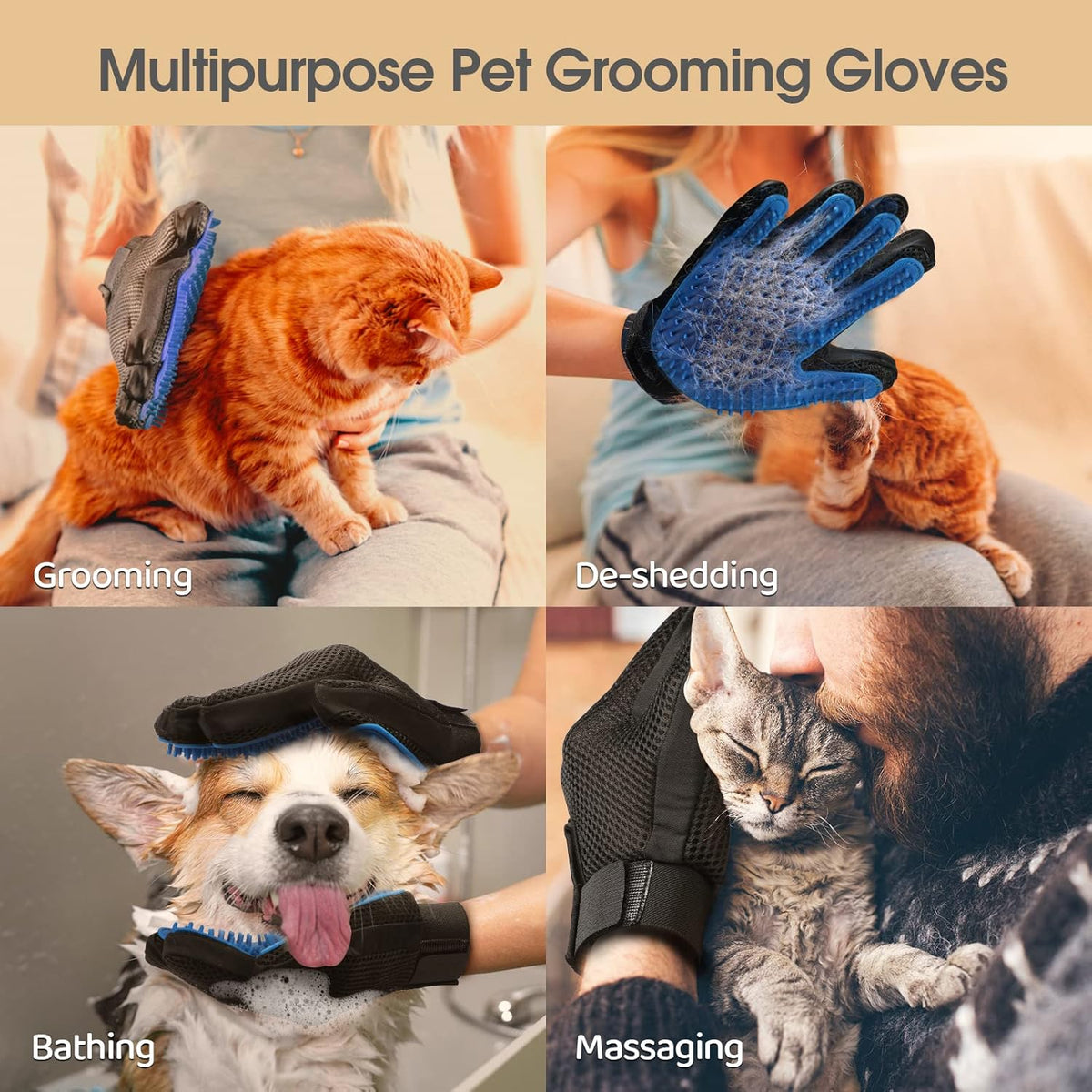 Pet Hair Removal Glove with 255 Silicone Tips for Dogs & Cats, 1 Pair Blue