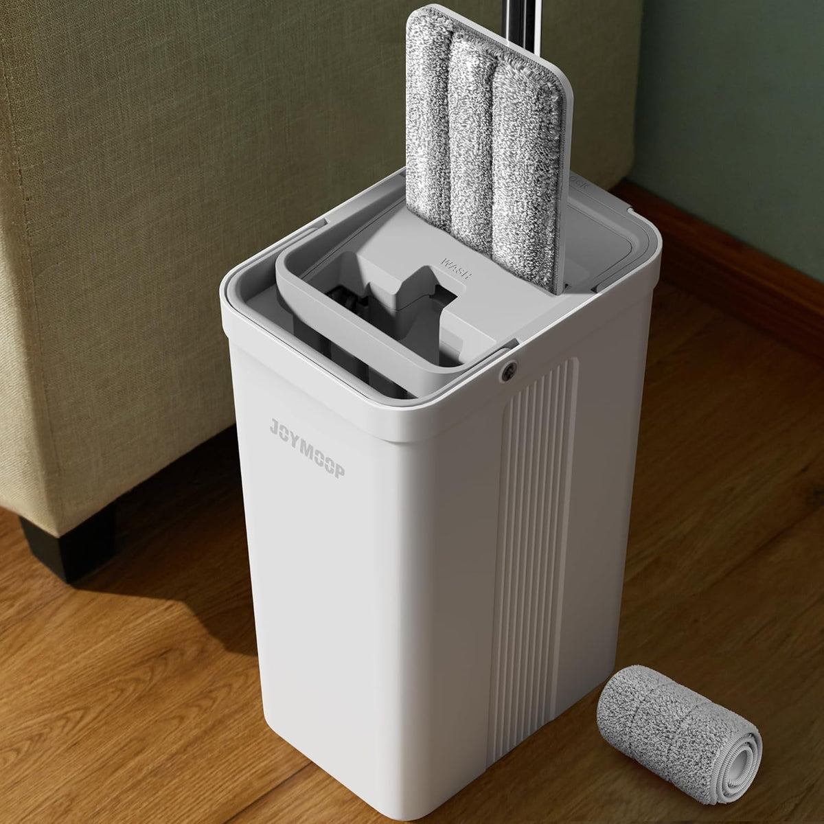 JOYMOOP Wall Mop and Bucket Set, Hands-Free Flat Floor Mop with 3 Washable Microfiber Pads, Wet and Dry Use, Ideal for Home and Commercial Floor Cleaning