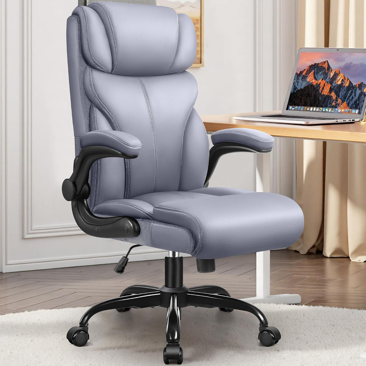 HeroSet Office Chair, Ergonomic Big and Tall Computer Desk Chairs, Executive Breathable Leather Chair with Adjustable Flip-up Armrests, Lumbar Support Swivel PC Chair with Rocking Function,Matte Black