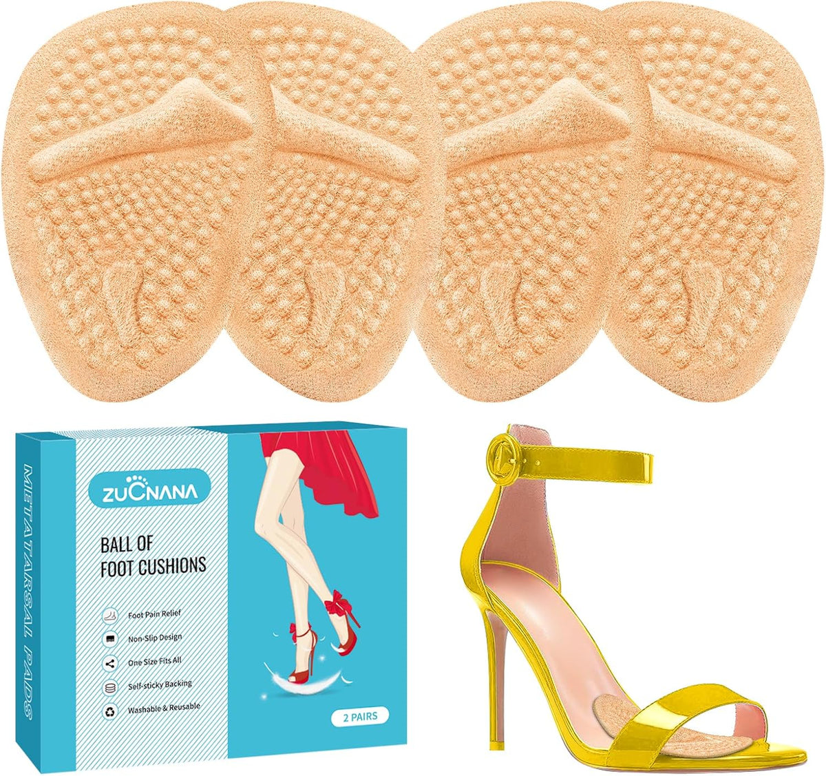 ZUCNANA Ball of Foot Cushions, Gel Shoe Inserts Heel Inserts Women 2 Pairs