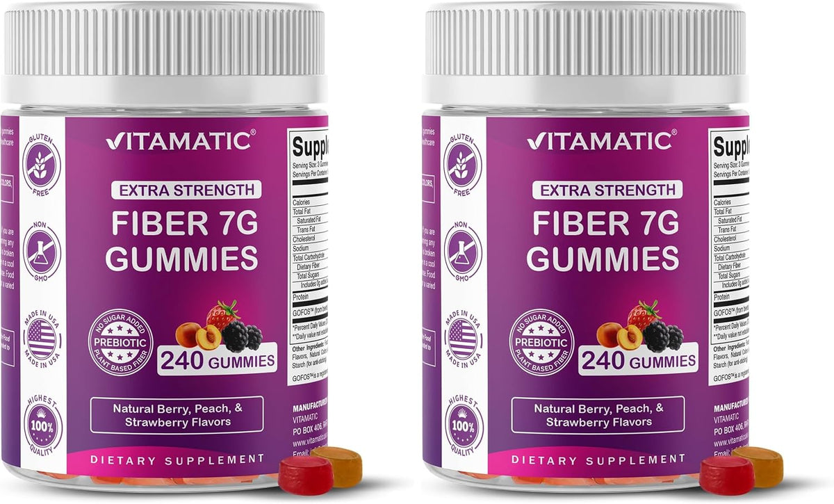 Vitamatic Prebiotic Fiber Gummies for Adults, 7G Extra Strength, Zero Sugar Added, 240 Pectin Based Gummies, Digestive Health & Regularity Support