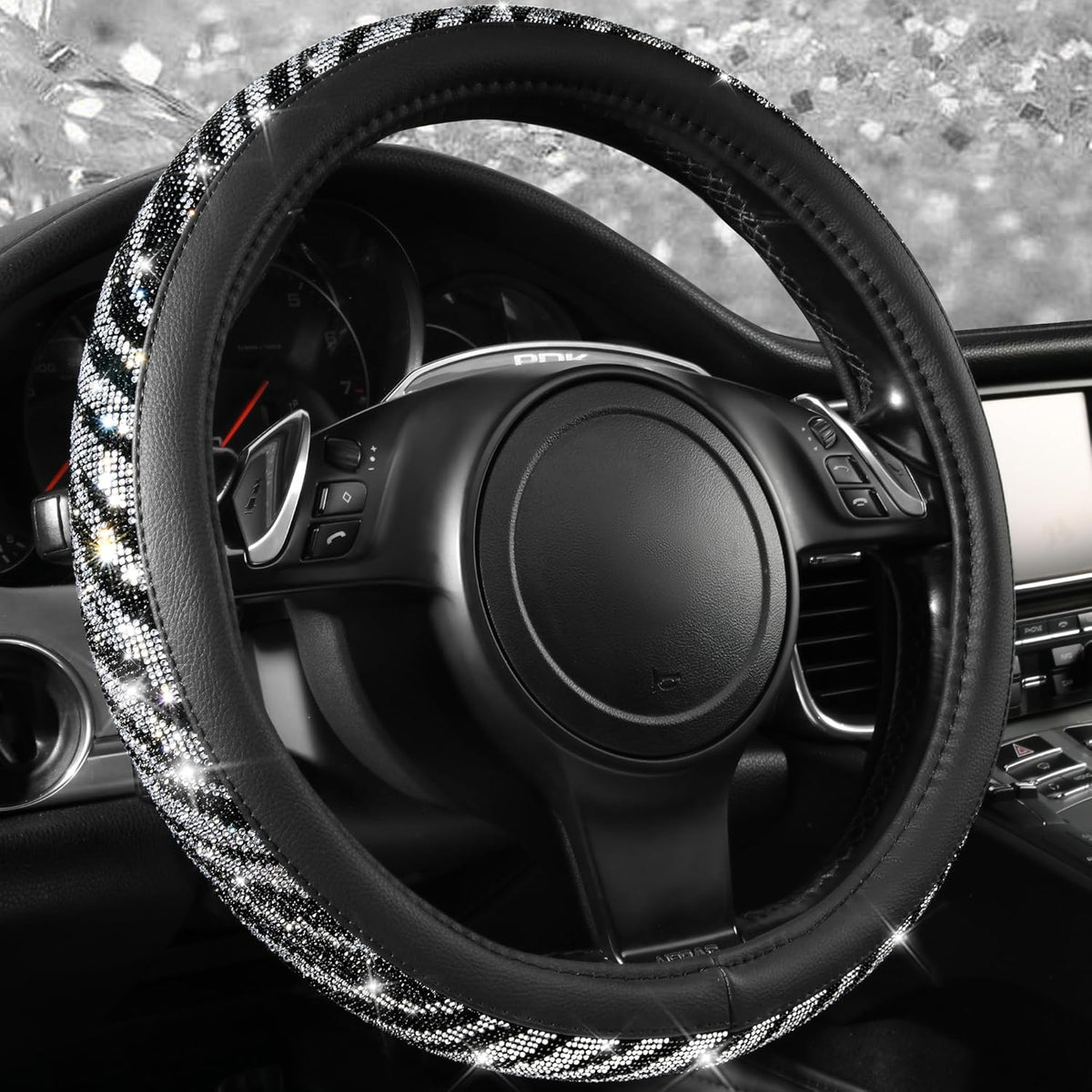 CAR PASS Bling Diamond Leather Steering Wheel Cover, with Bling Sparkly Crystal Glitter Rhinestones Universal Fit 14.5in-15in Car Wheel Protector for Women Girl Fit Suvs,Vans,Sedans,Car,Trucks, Silver