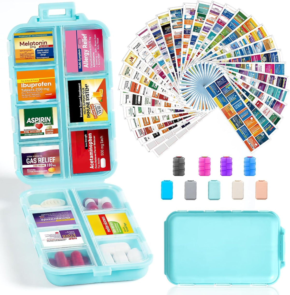 LANDNEOO 14 Grids Pill Organizer Box with Labels, Travel Medication Holder Dispenser Case Kit, Pocket Daily Pharmacy Container for Fish Oil Vitamin Supplement Storage, Khaki Pink Grey, 3 Pack