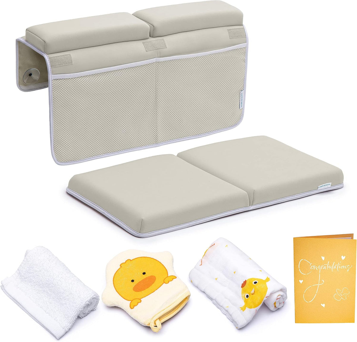 Bath Kneeler and Elbow Rest Pad, 1.75 inch Extra Thick Baby Bath Kneeling Mat and Elbow Pads for Bathtub. Bath Tub Cushions with Infant Toy and Baby Accessories Organizer, Grey
