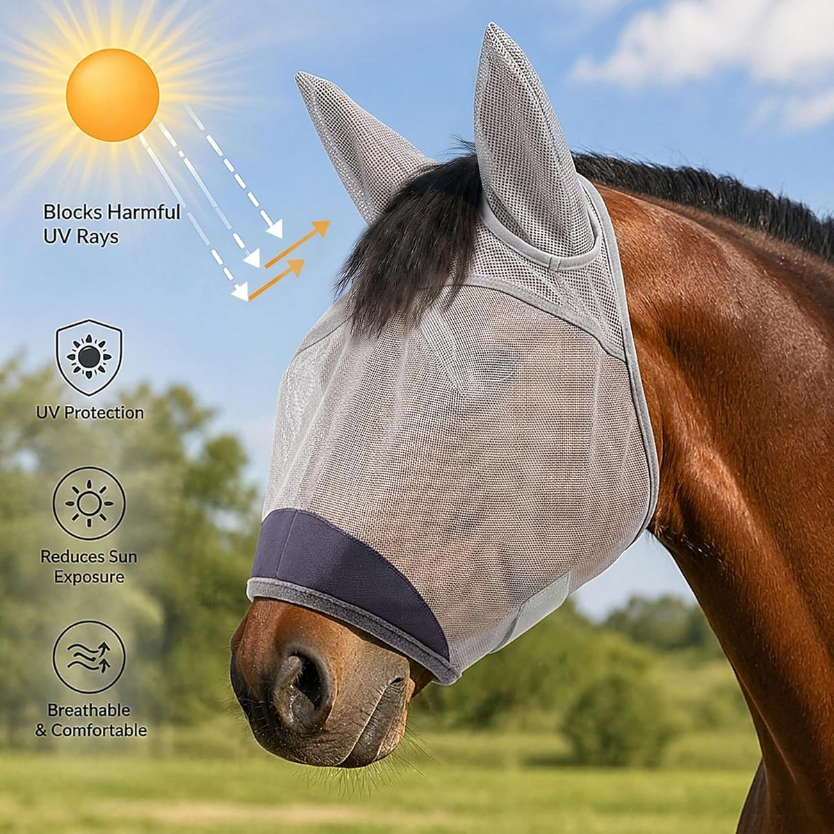 Horse Fly Mask with Ears - UV Protection Fine Mesh Super Comfort Fly Masks for Horses, Adjustable Breathability Horses Masks, Pony Equine Fly Mask for Miniature Foal Draft Cob Srabian Full (Gray, L)