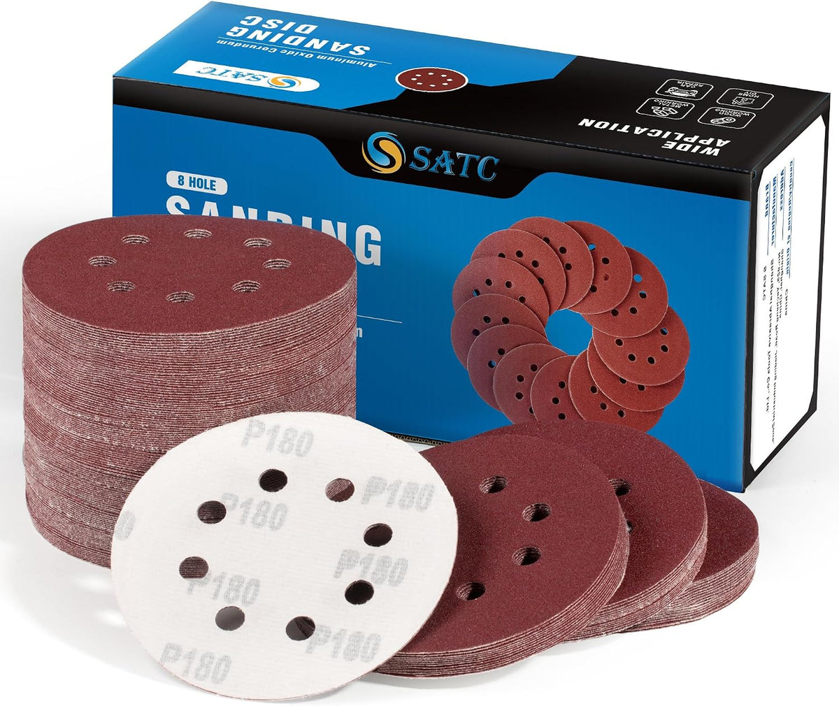S SATC 72 PCS 5 Inch 8 Hole Hook and Loop Adhesive Sanding Discs Sandpaper for Random Orbital Sander 40 60 80 120 180 240 320 Grits