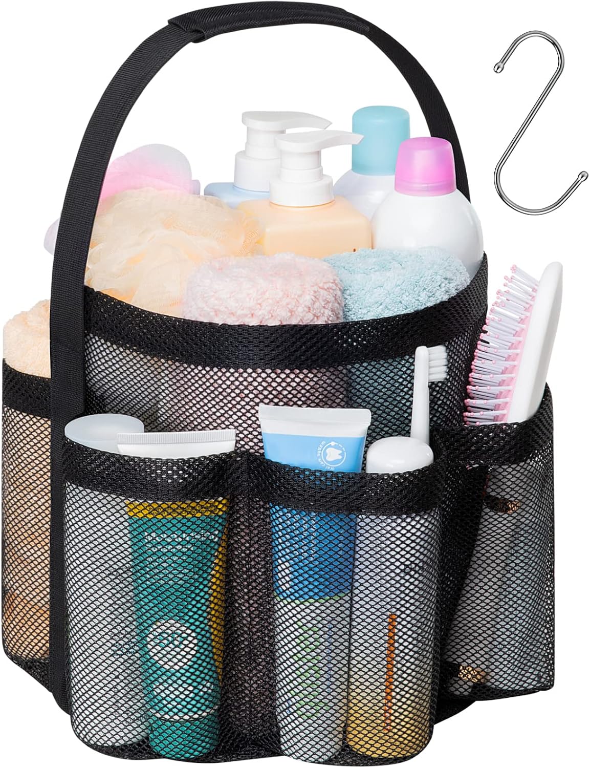 Mesh Shower Caddy Portable - 8 Pockets, S-Hook, Shower Bag for Dorm Camping