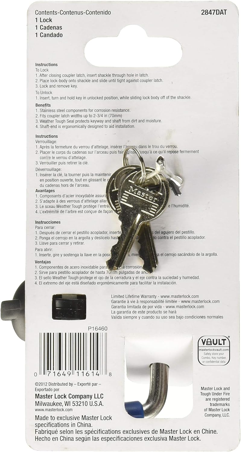 Master Lock Adjustable Coupler Lock Stainless Steel Trailer Hitch 2847DAT