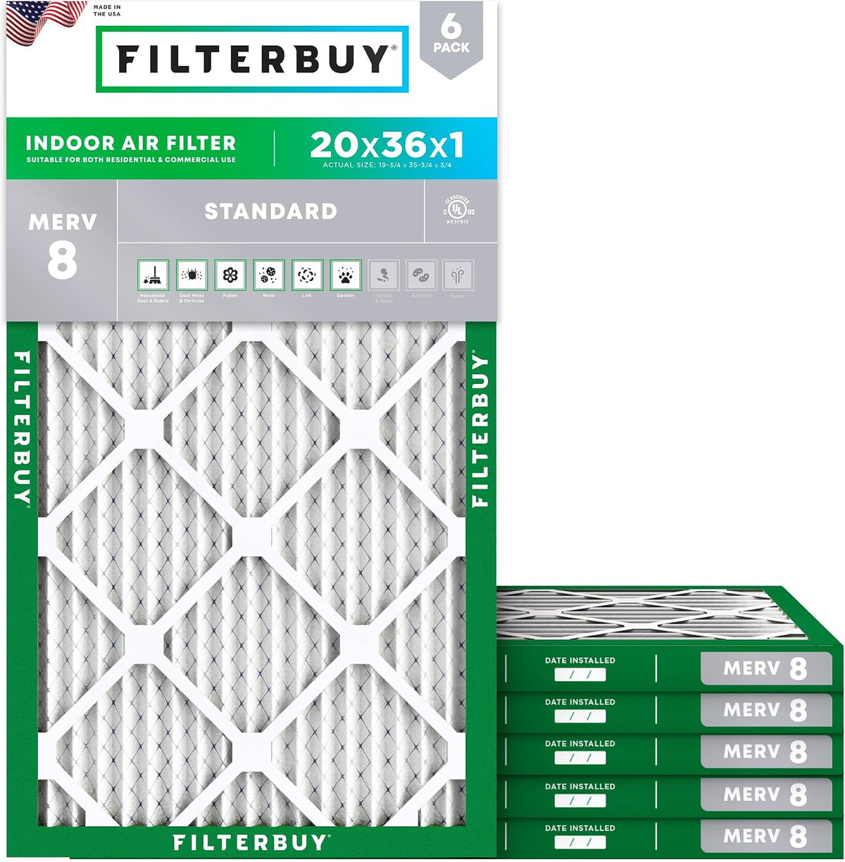 Filterbuy 16x25x1 Air Filter MERV 8 Dust & Allergy Defense (6-Pack)