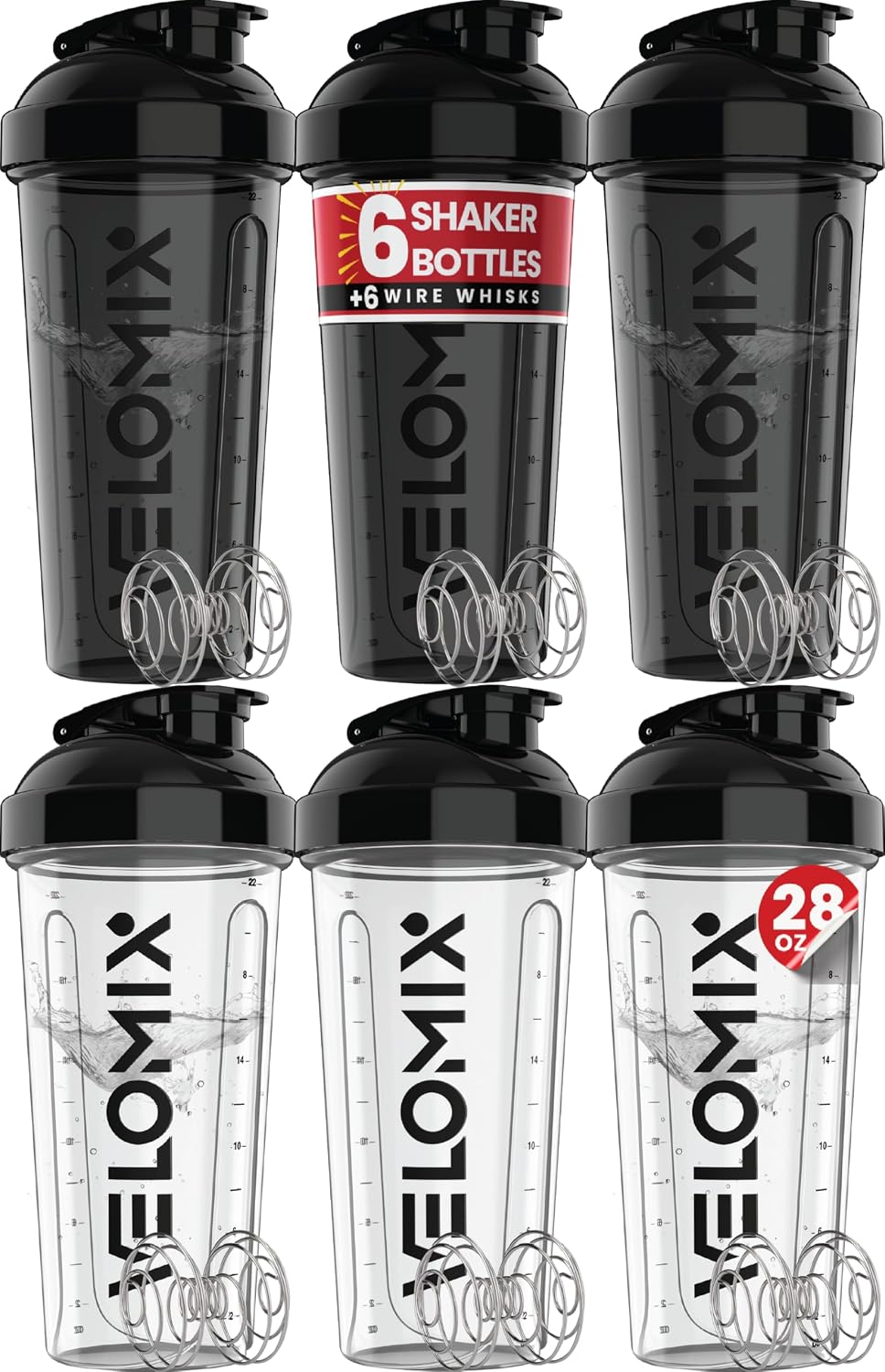 VELOMIX 6 Pack 28oz Shaker Cups for Protein Shakes, Blacks to Transparent