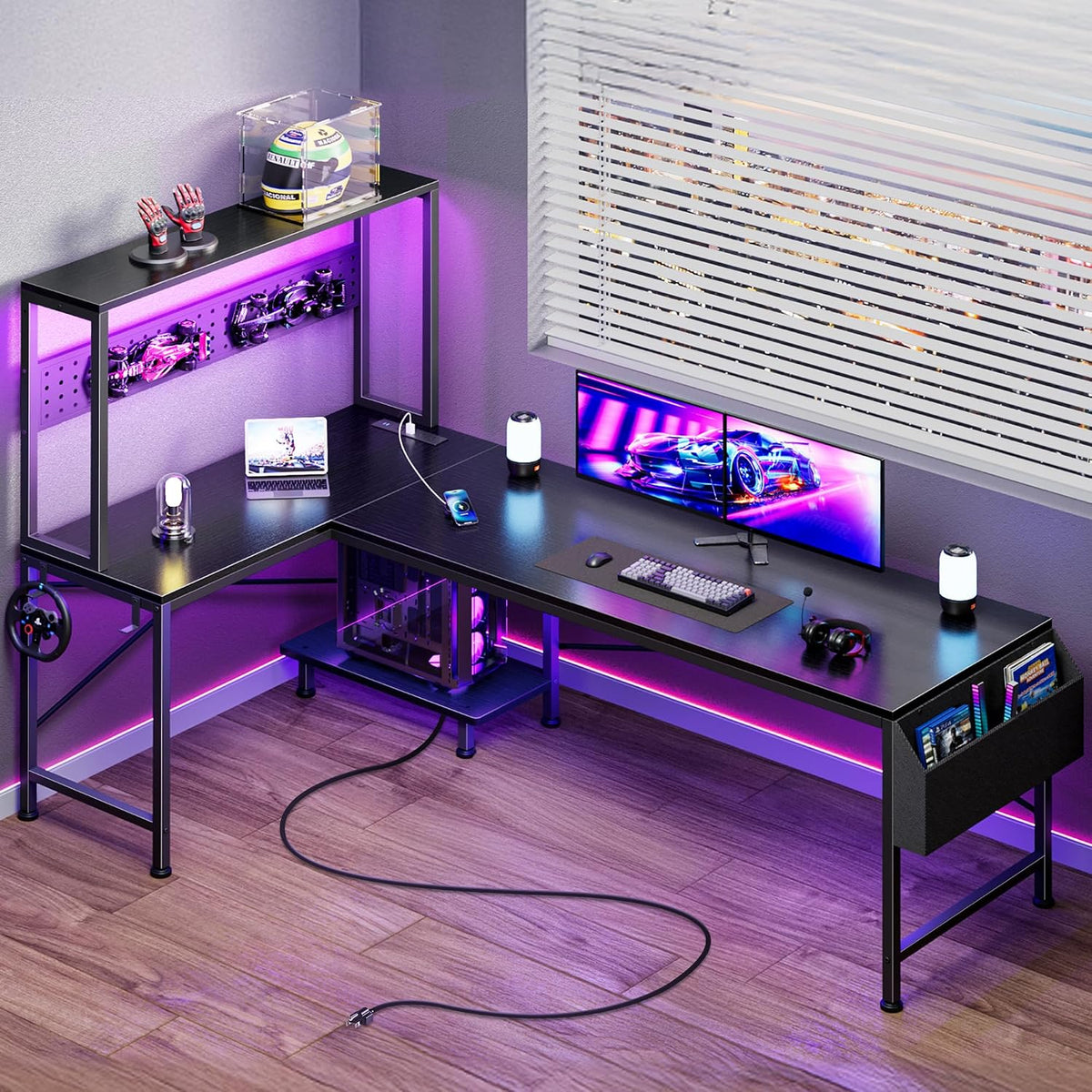 PRAISUN L Shaped Gaming Desk with LED Lights & Power Outlets