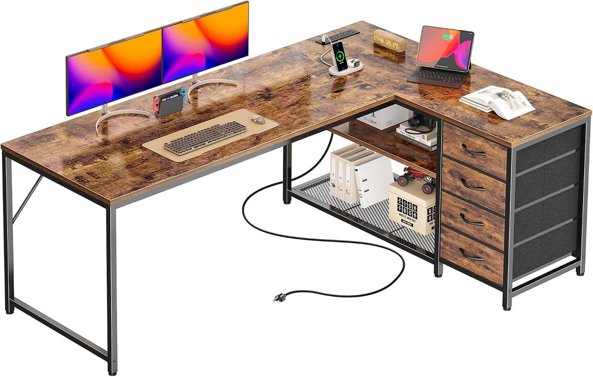 PRAISUN 61" L Shaped Desk with Power Outlets & 4 Drawers